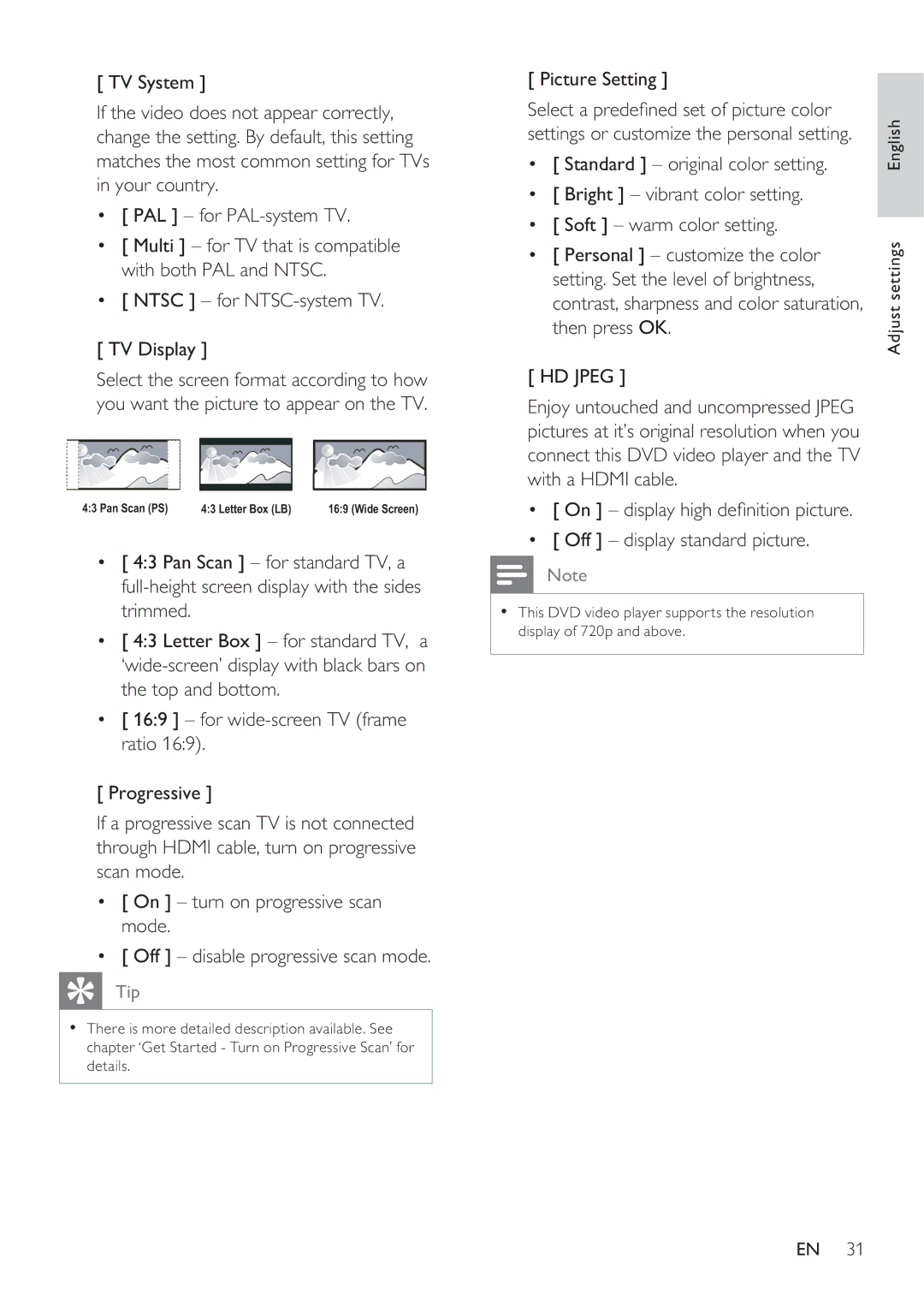 Philips DVP3360K user manual Ntsc for NTSC-system TV TV Display, Picture Setting, HD Jpeg 