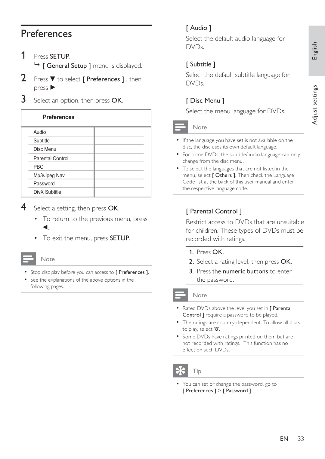 Philips DVP3360K Preferences, Audio Select the default audio language for DVDs, Select the menu language for DVDs 