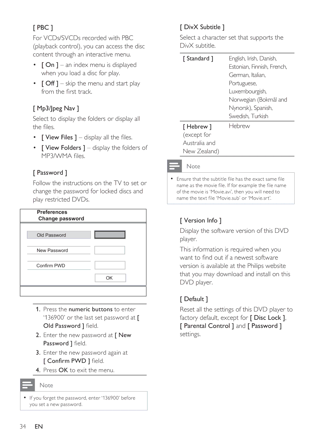 Philips DVP3360K user manual Pbc, Hebrew, Parental Control and Password settings 