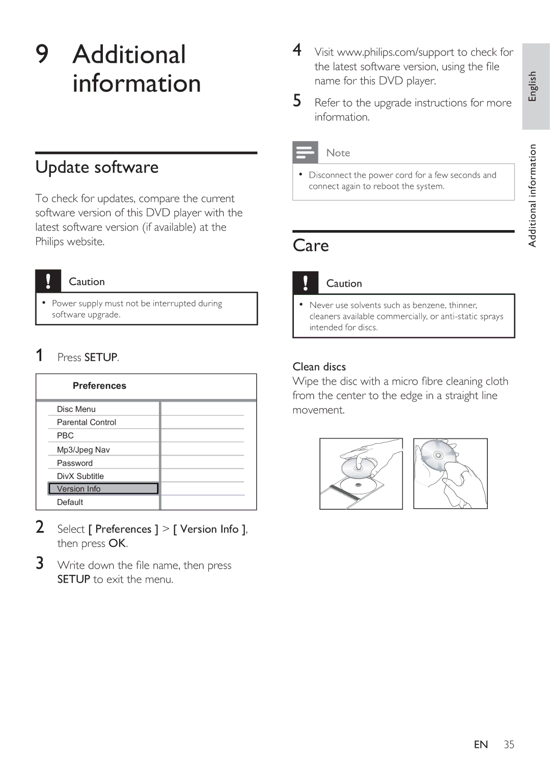 Philips DVP3360K user manual Update software, Care, Press Setup, Information 