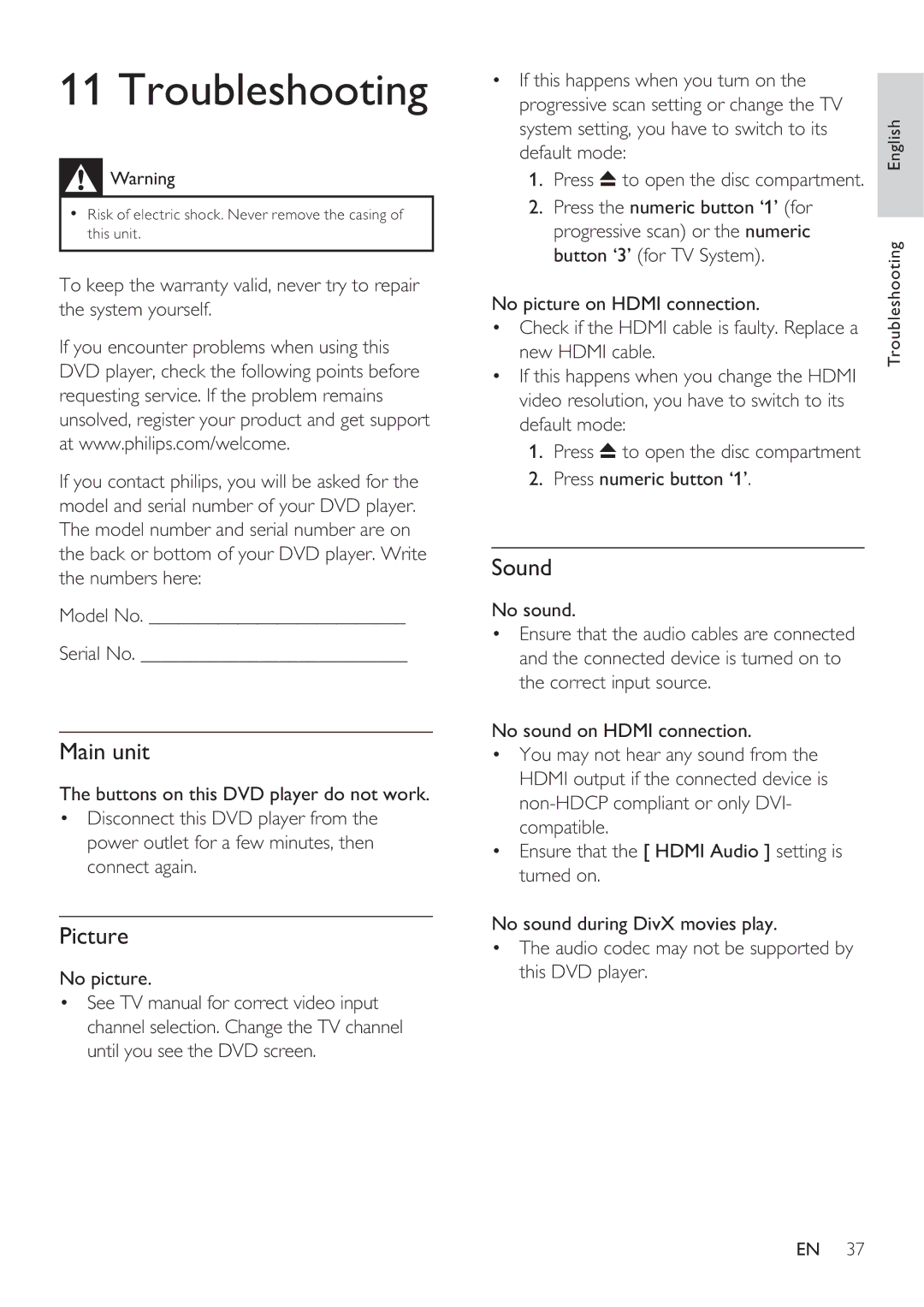 Philips DVP3360K user manual Troubleshooting, Picture, Sound 