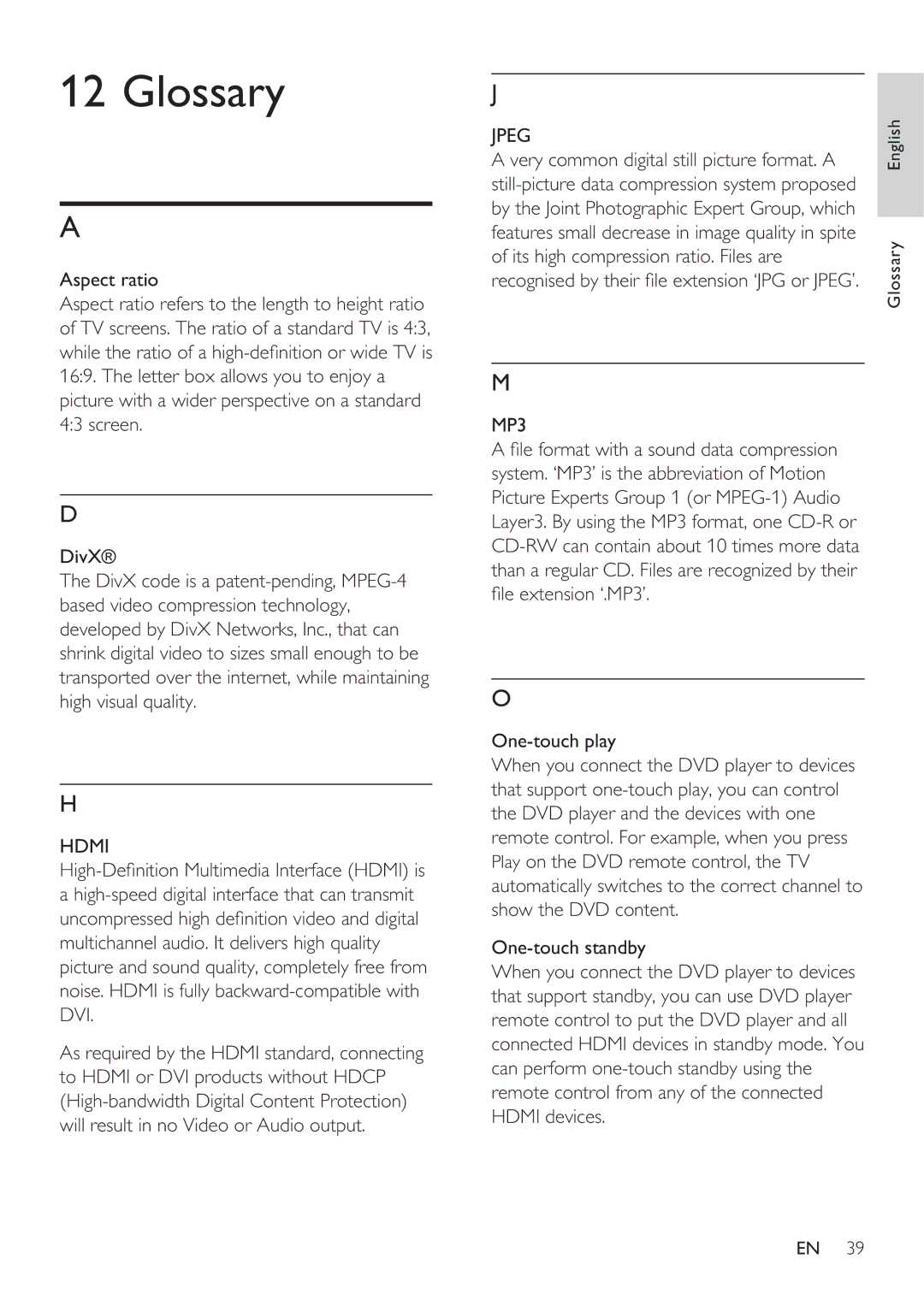 Philips DVP3360K user manual Glossary, Hdmi, Jpeg, MP3 