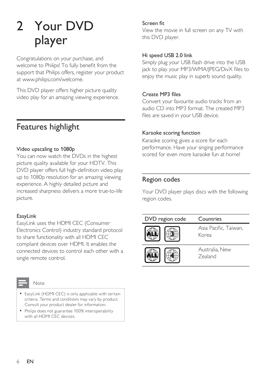 Philips DVP3360K user manual Your DVD player, Features highlight, Region codes 