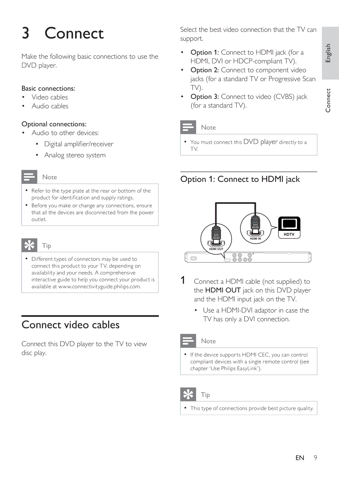 Philips DVP3360K user manual Connect video cables, Option 1 Connect to Hdmi jack, Option 3 Connect to video Cvbs jack 