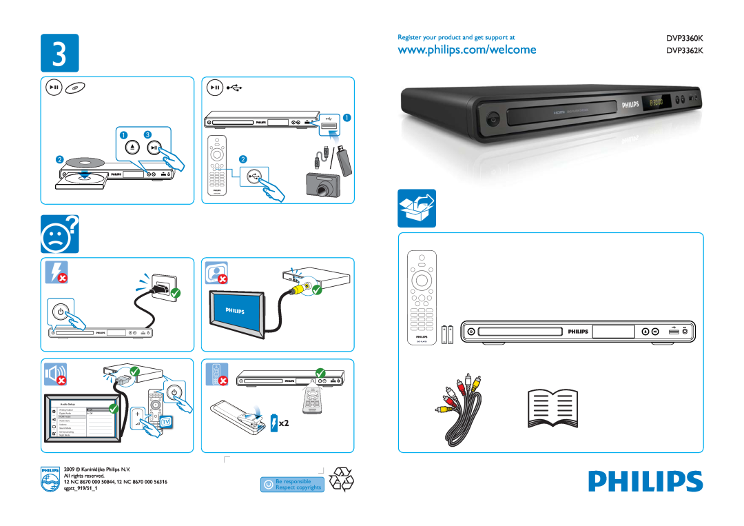 Philips DVP3362K manual Audio Setup, Register your product and get support at, DVP3360K, CD Upsampling Night Mode, On Off 