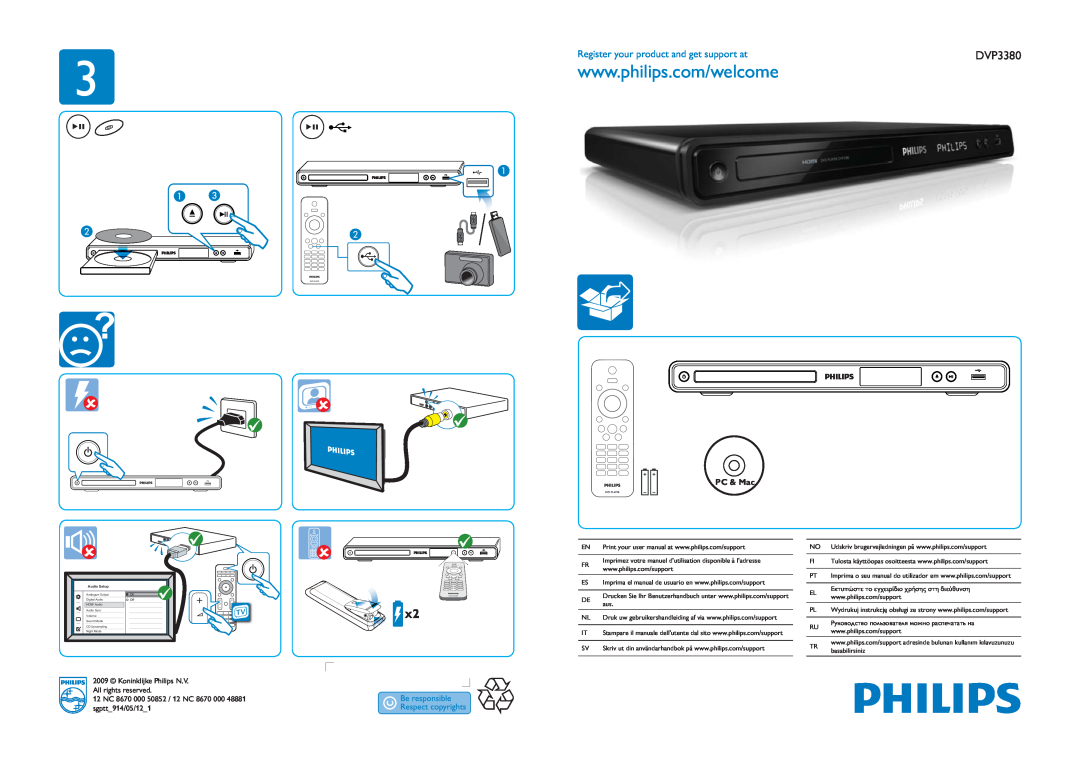 Philips DVP3380/12 user manual Register your product and get support at, PC & Mac 