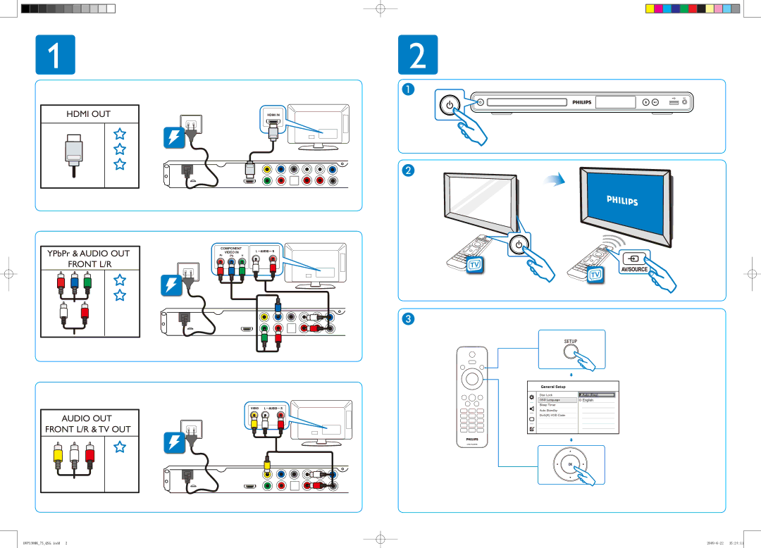 Philips DVP3388K/75 manual Hdmi OUT, Front L/R Audio OUT Front L/R & TV OUT, General Setup, Pr Pb Y 