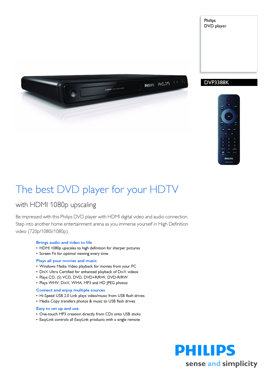Philips DVP3388K/98 manual Philips DVD player, Brings audio and video to life, Plays all your movies and music 