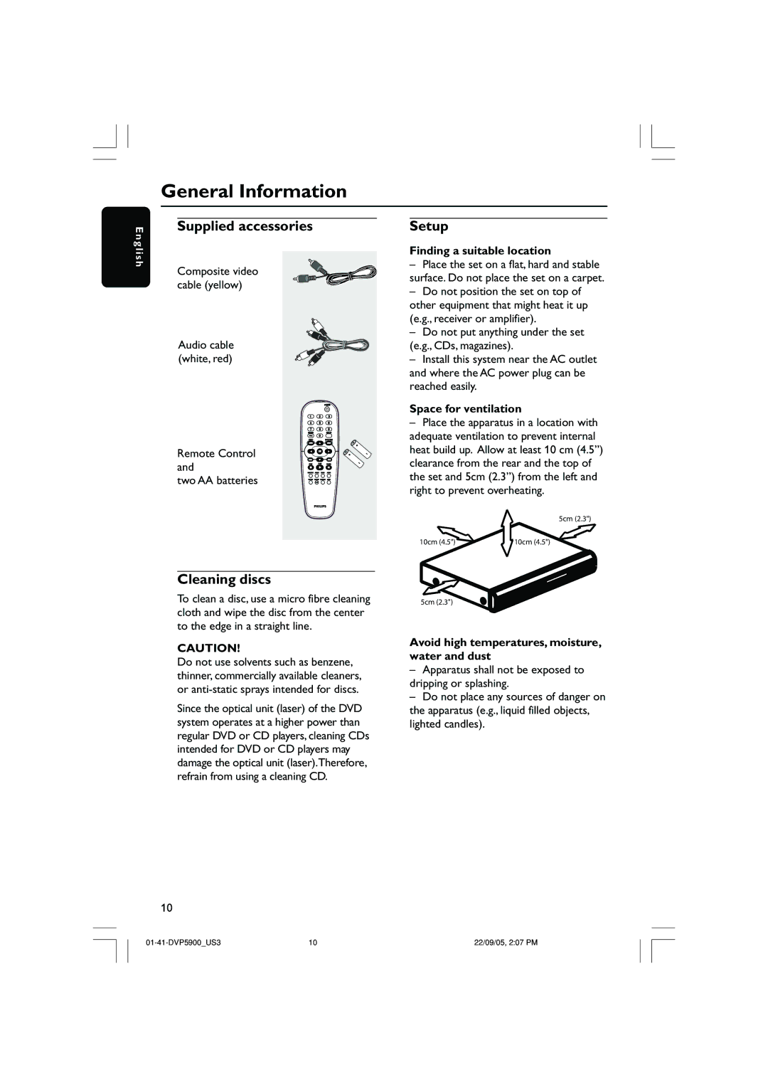 Philips DVP3500 user manual Supplied accessories, Cleaning discs, Setup 