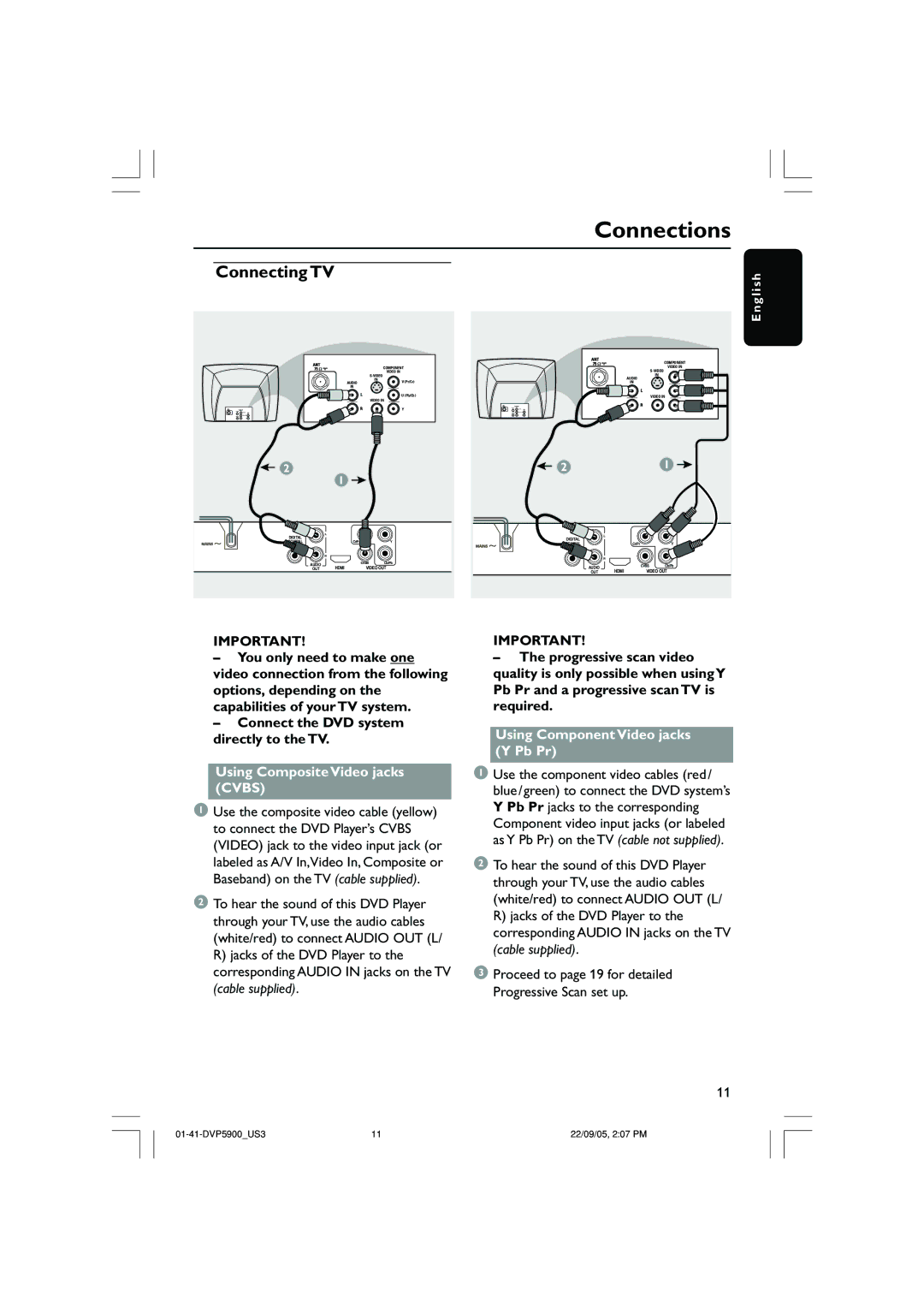 Philips DVP3500 user manual Connections, Using Composite Video jacks Cvbs, Using Component Video jacks Y Pb Pr 