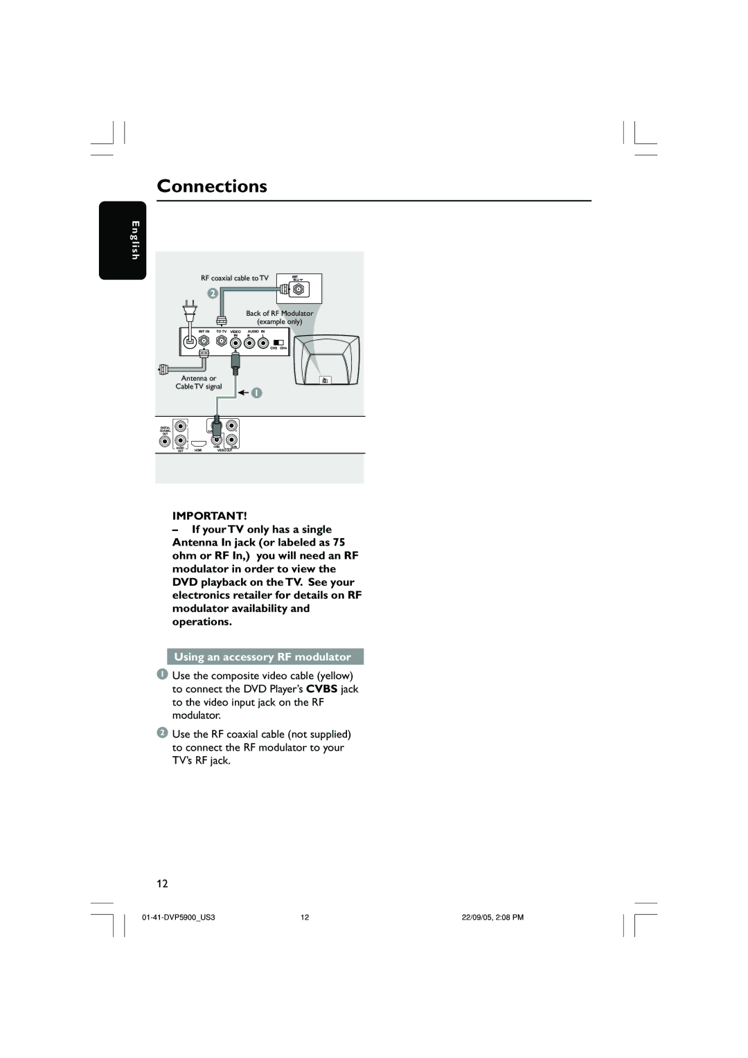 Philips DVP3500 user manual Connections, Using an accessory RF modulator 