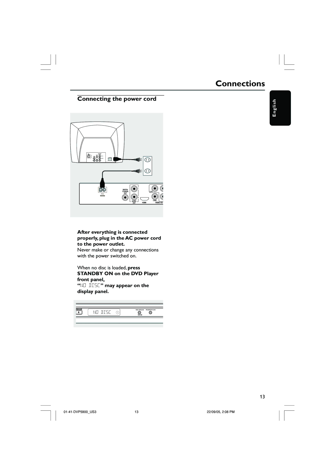 Philips DVP3500 user manual Connecting the power cord, When no disc is loaded, press 