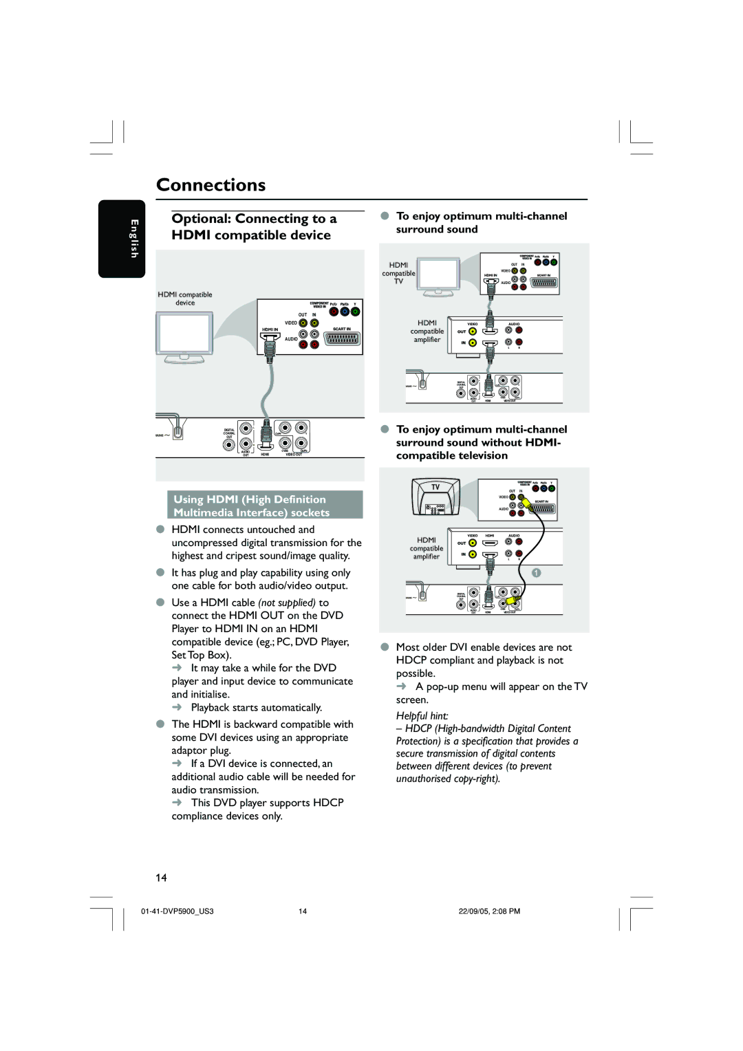 Philips DVP3500 Optional Connecting to a, Hdmi compatible device, Using Hdmi High Definition, Multimedia Interface sockets 