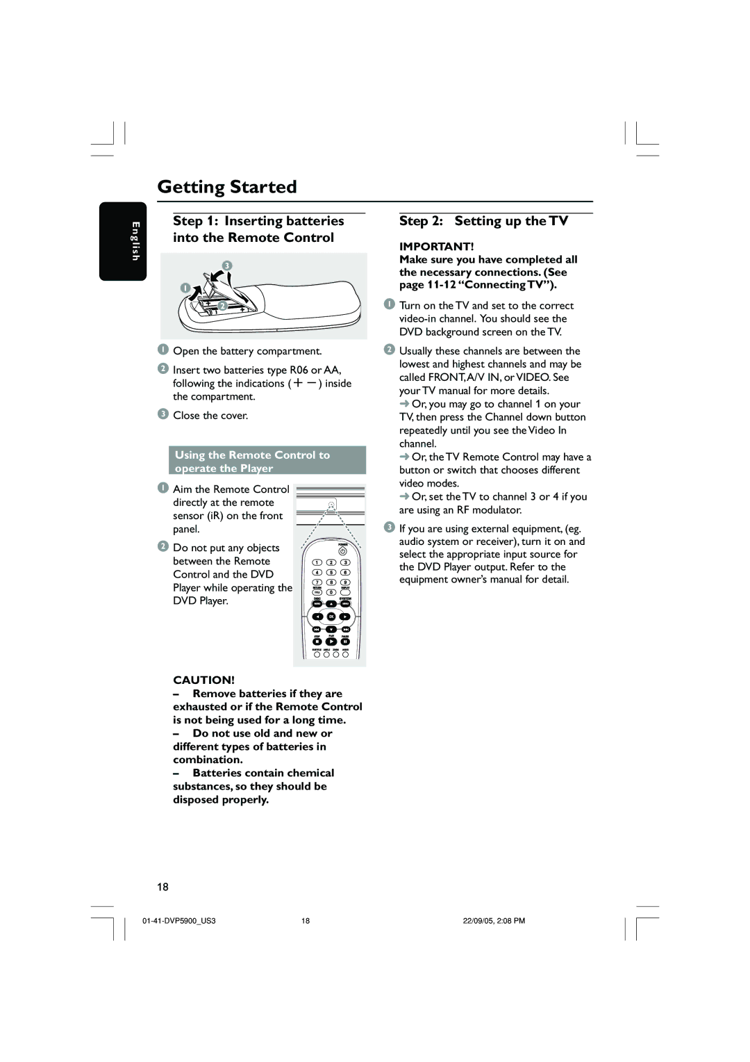 Philips DVP3500 user manual Getting Started, Inserting batteries into the Remote Control, Setting up the TV 