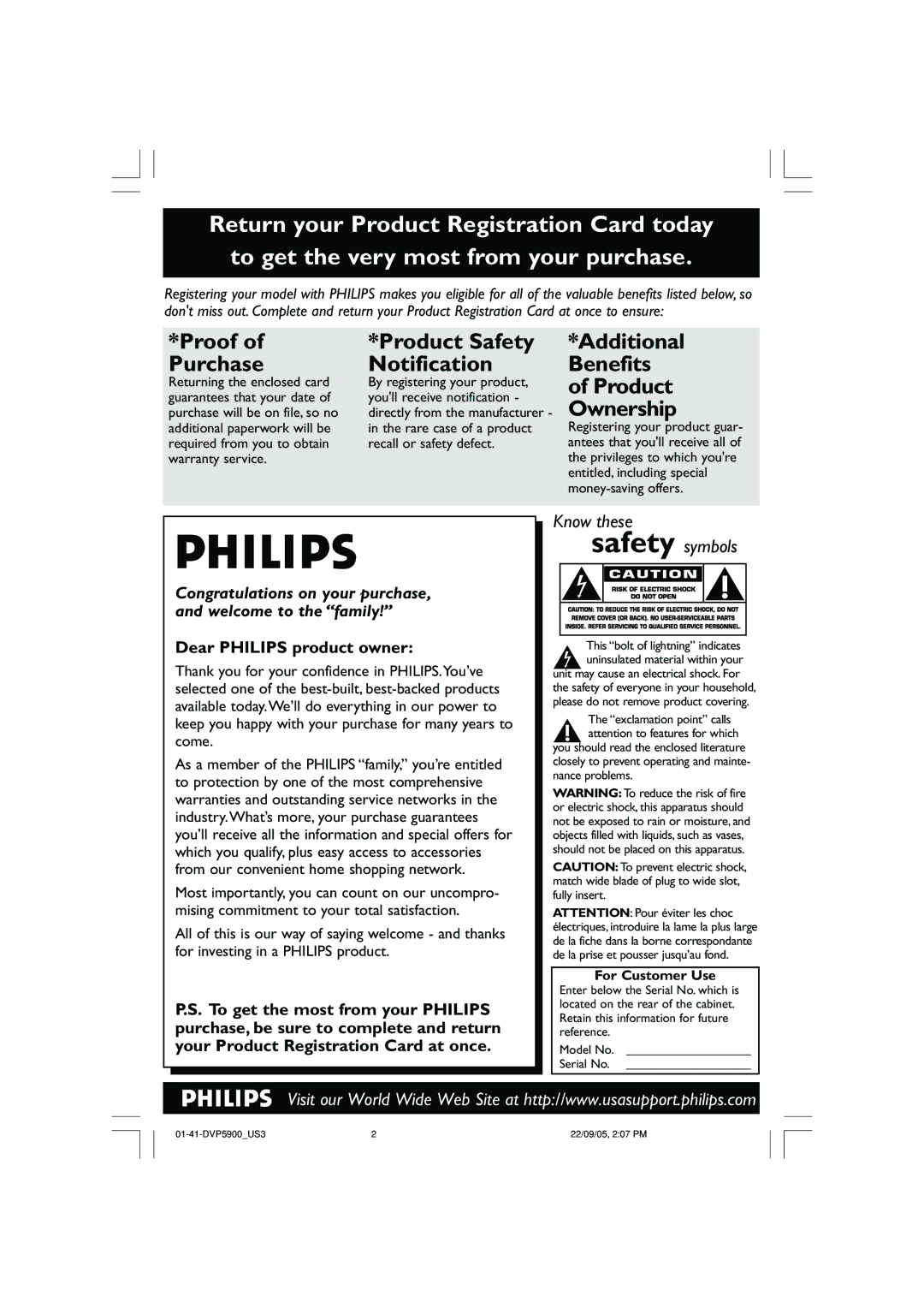 Philips DVP3500 user manual Returning the enclosed card By registering your product, For Customer Use 