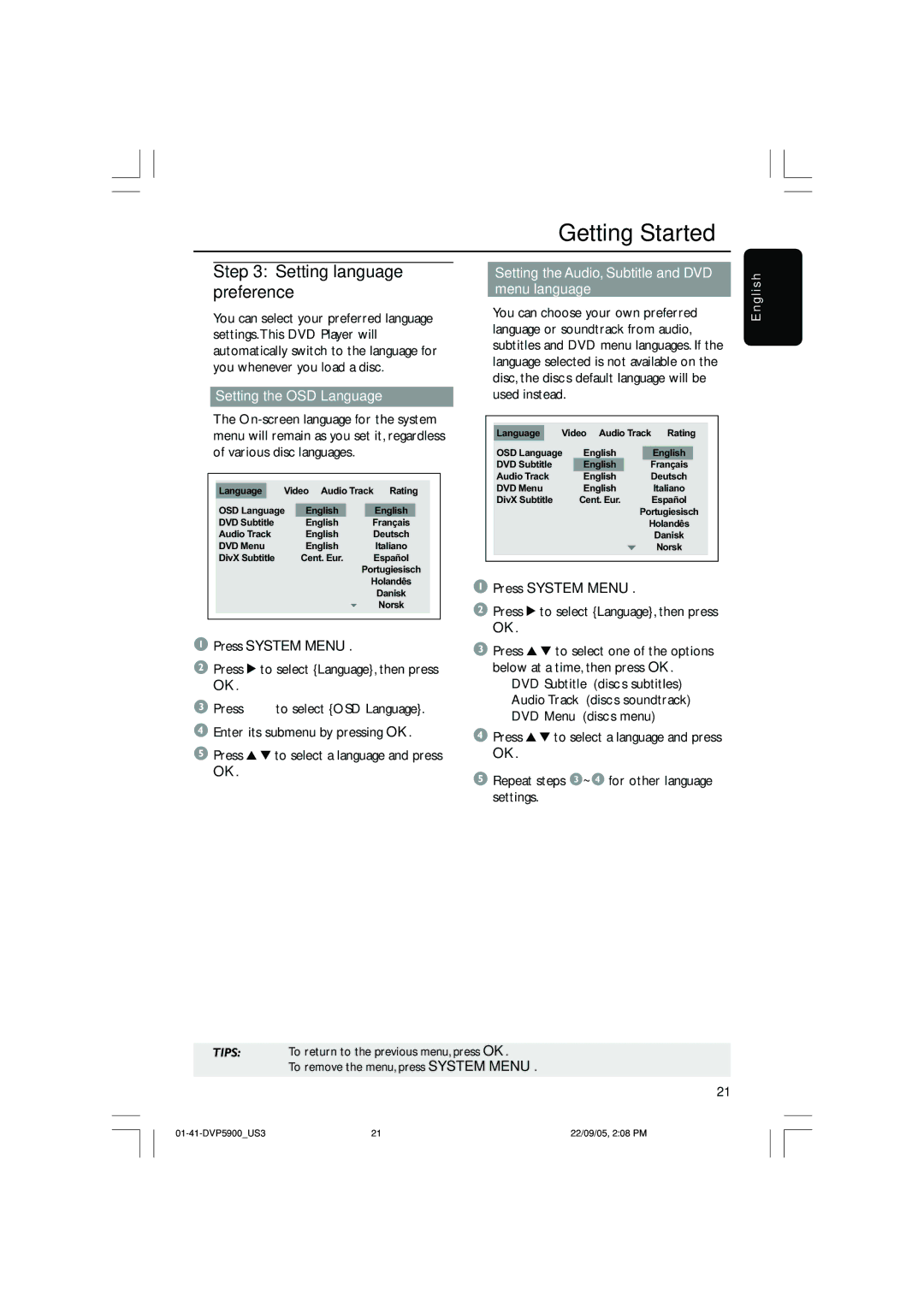 Philips DVP3500 Setting language preference, Setting the OSD Language, Setting the Audio, Subtitle and DVD menu language 