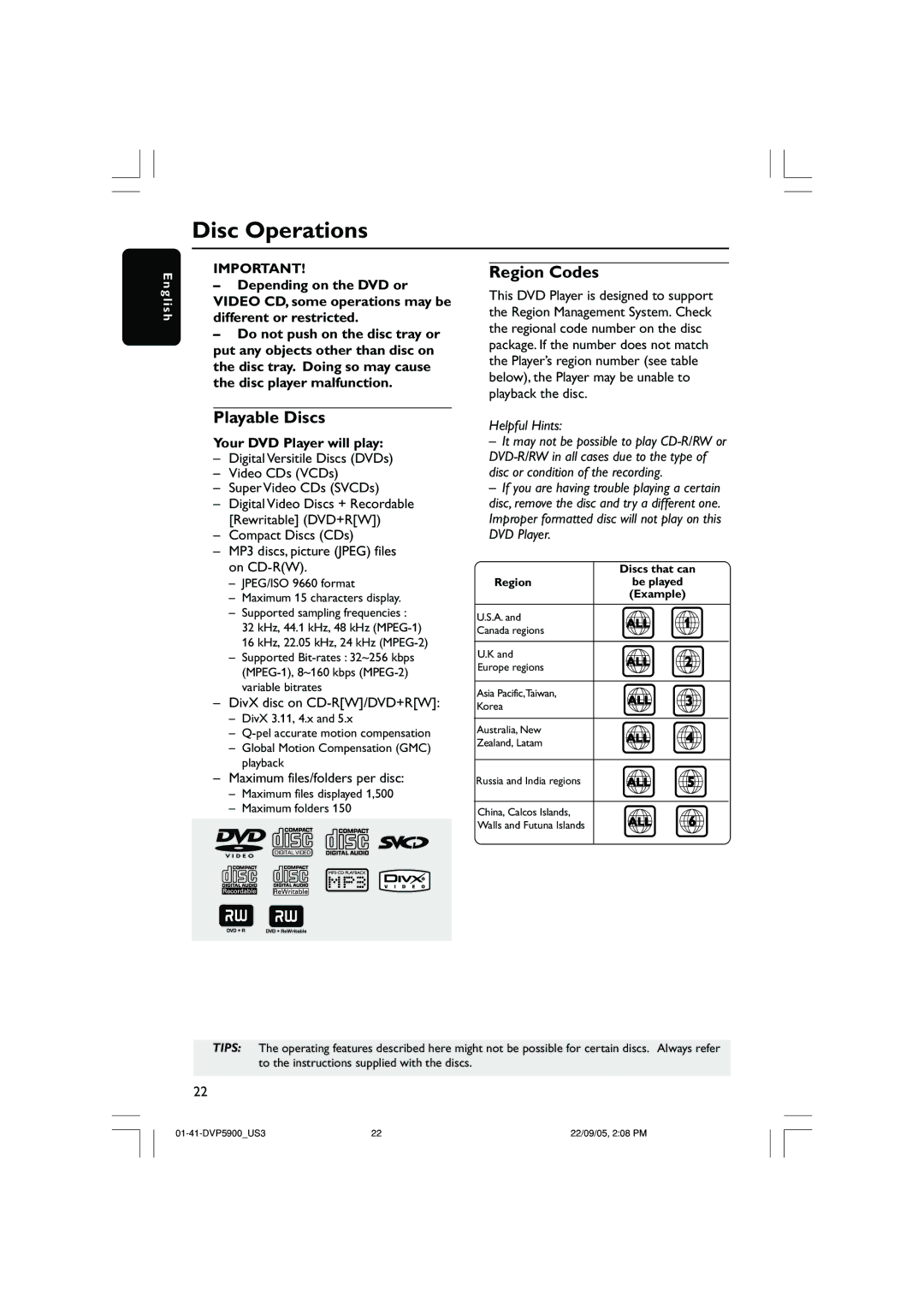 Philips DVP3500 user manual Disc Operations, Playable Discs, Region Codes, Your DVD Player will play 