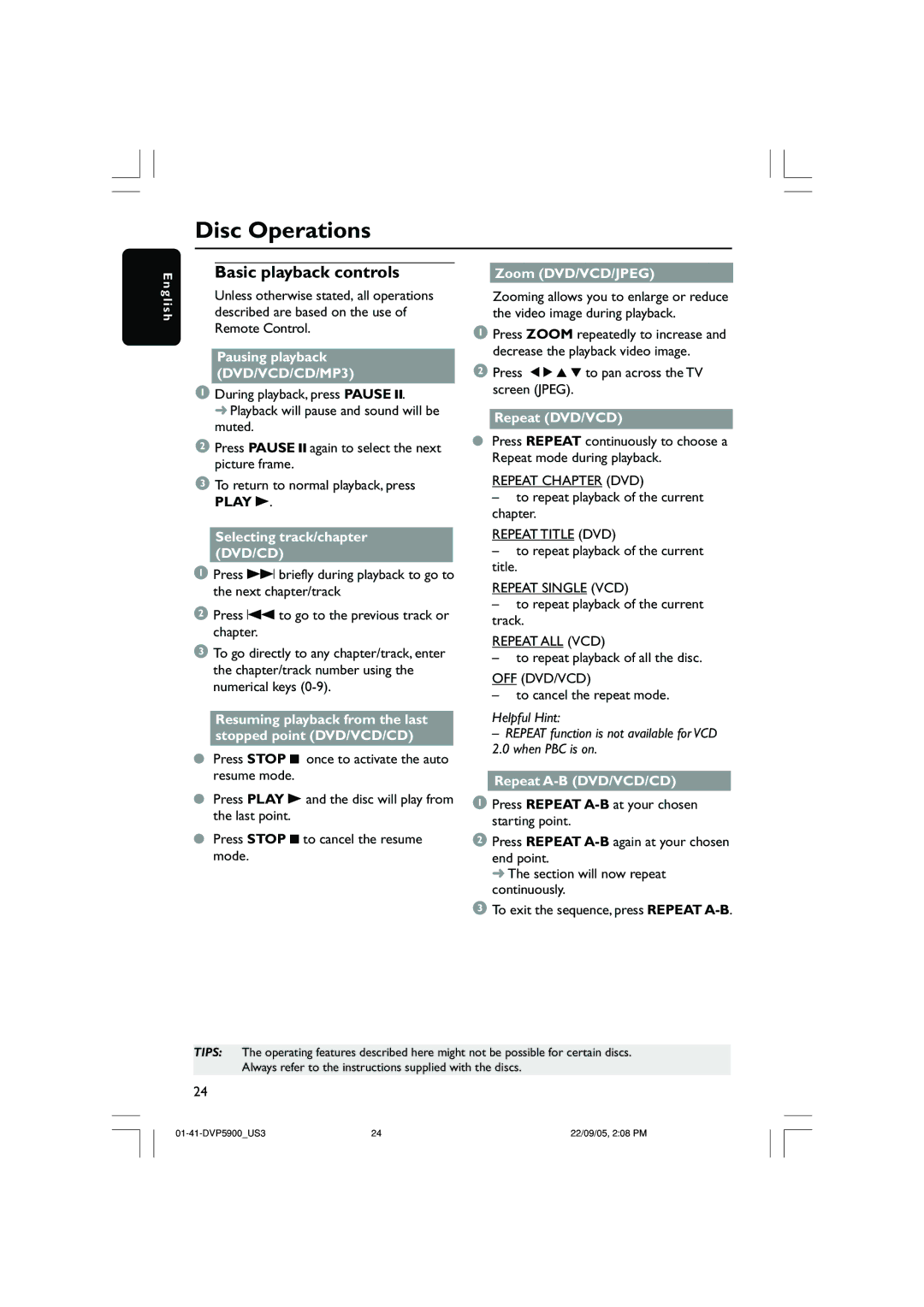 Philips DVP3500 user manual Basic playback controls 