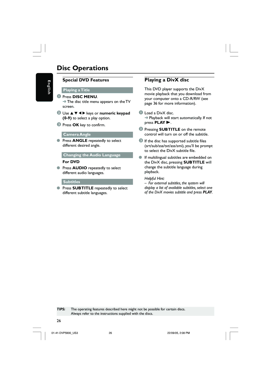 Philips DVP3500 user manual Playing a DivX disc, Playing a Title, Camera Angle, Changing the Audio Language, Subtitles 