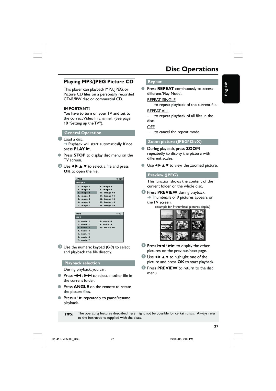 Philips DVP3500 user manual Playing MP3/JPEG Picture CD 