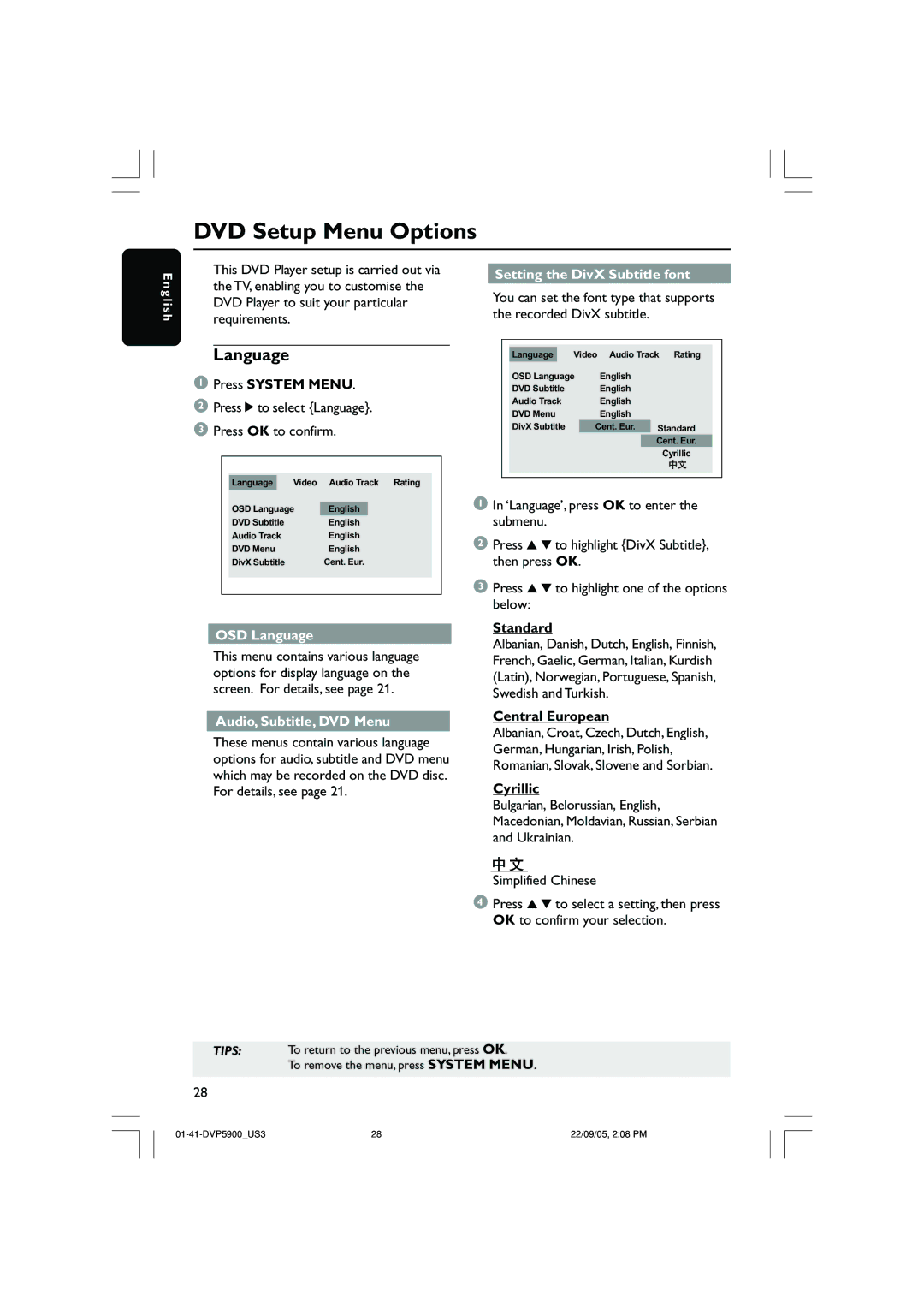 Philips DVP3500 DVD Setup Menu Options, OSD Language, Audio, Subtitle, DVD Menu, Setting the DivX Subtitle font 