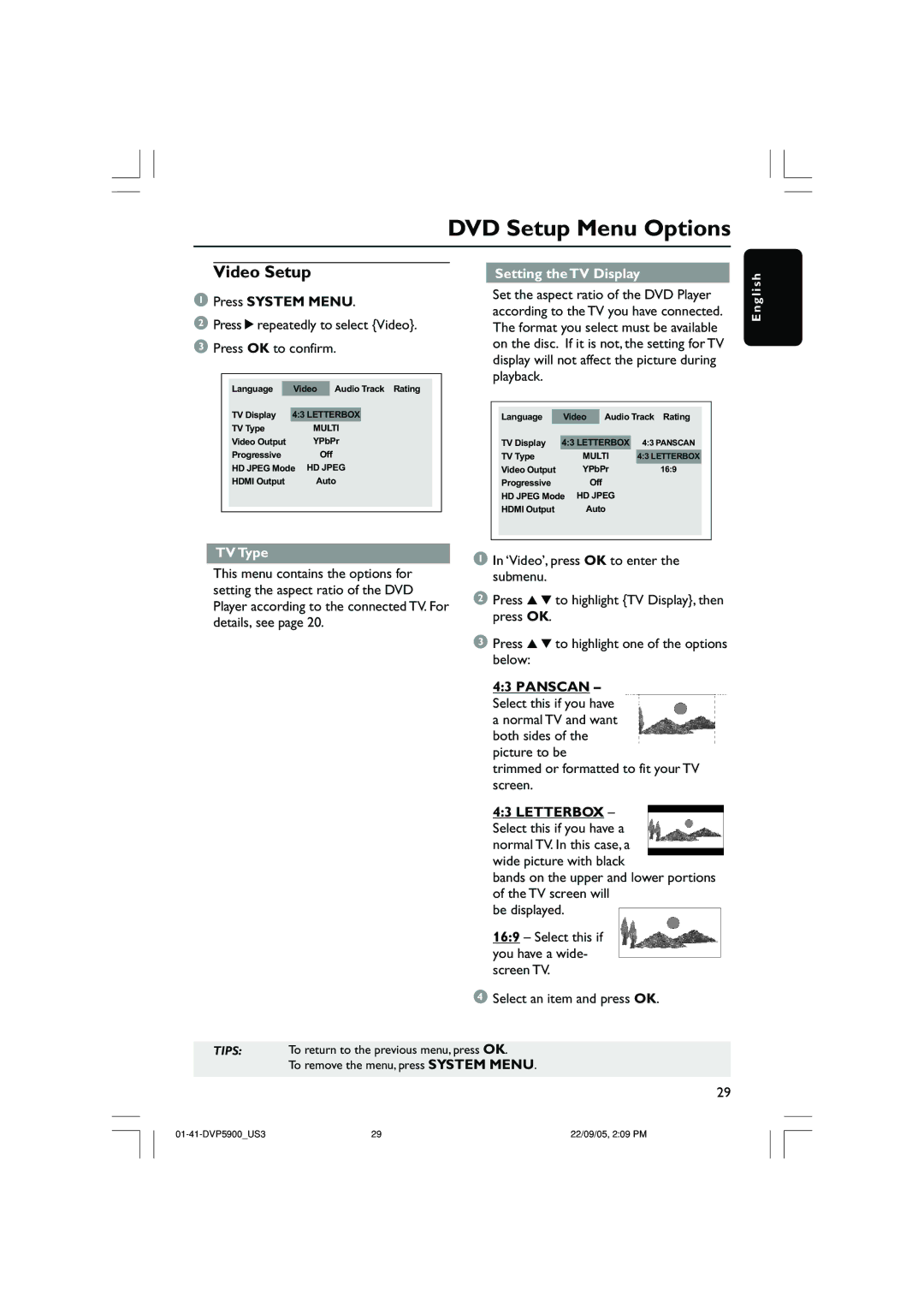 Philips DVP3500 Video Setup, Press 2repeatedly to select Video Press OK to confirm, TV Type, Setting the TV Display 