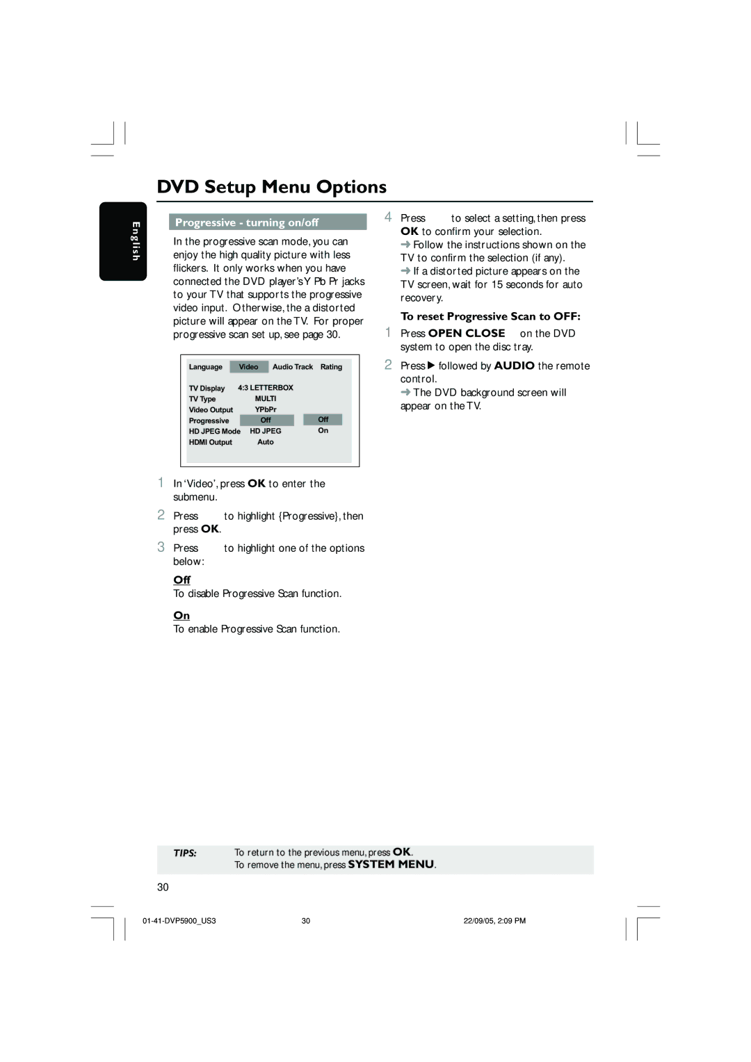 Philips DVP3500 user manual Progressive turning on/off, To reset Progressive Scan to OFF, Off 