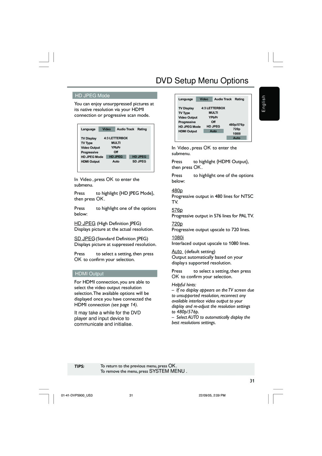 Philips DVP3500 user manual HD Jpeg Mode, Hdmi Output 