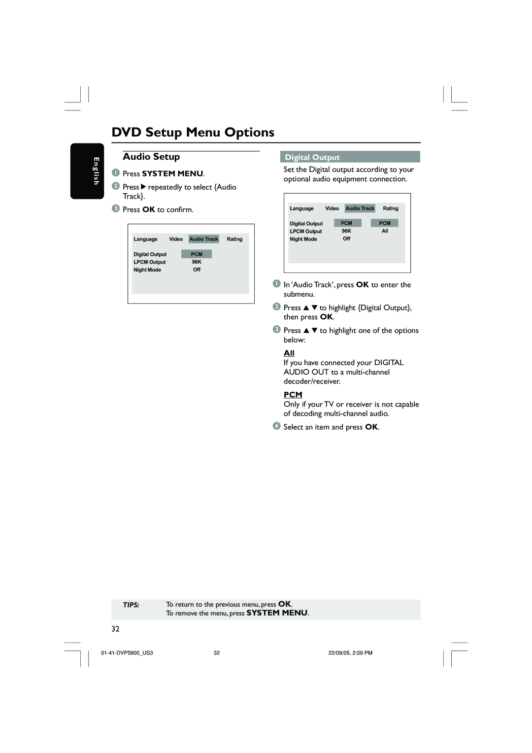 Philips DVP3500 user manual Audio Setup, Press 2repeatedly to select Audio Track Press OK to confirm, Digital Output, All 