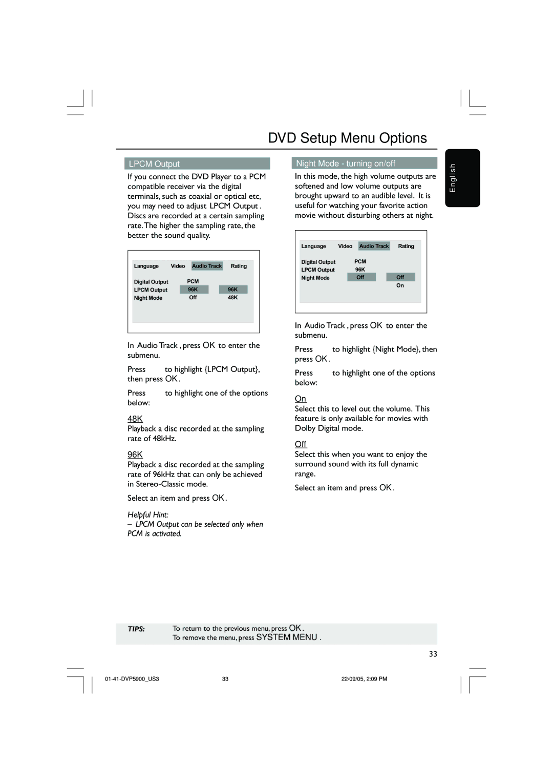 Philips DVP3500 Lpcm Output Night Mode turning on/off, 48K, Playback a disc recorded at the sampling rate of 48kHz, 96K 