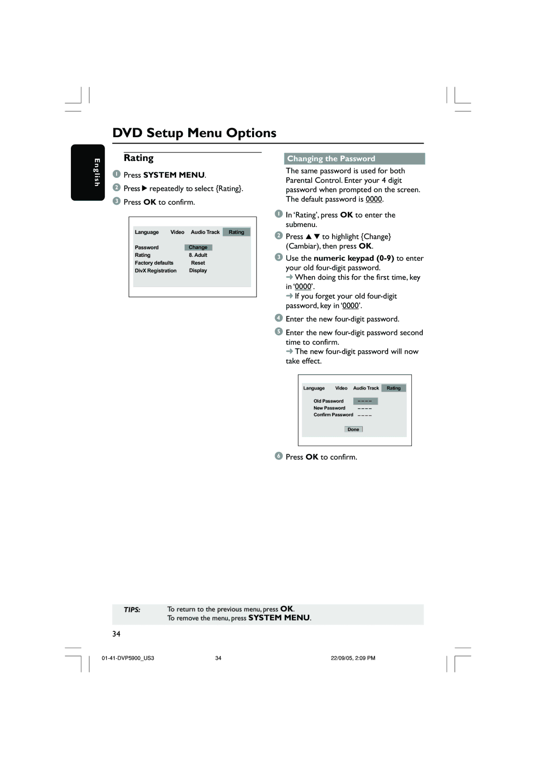 Philips DVP3500 user manual Press 2 repeatedly to select Rating Press OK to confirm, Changing the Password 