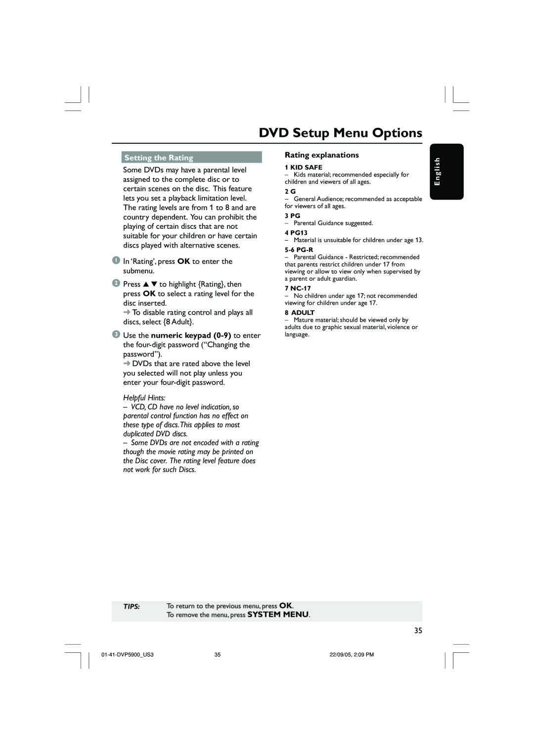 Philips DVP3500 user manual Setting the Rating, Rating explanations 