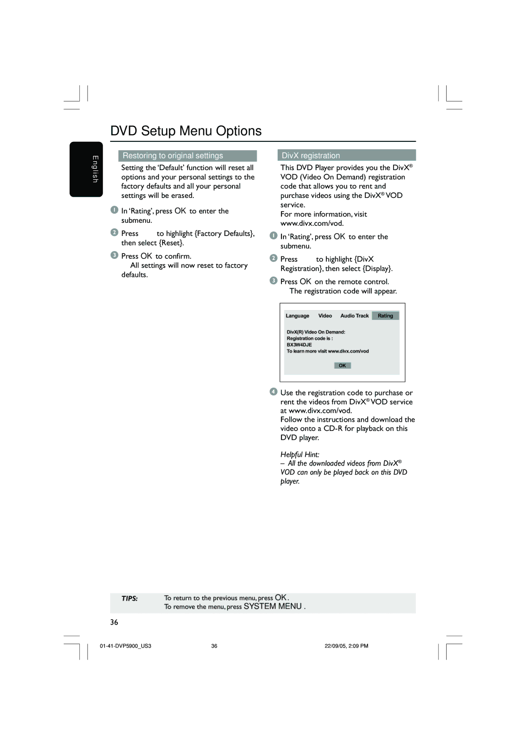 Philips DVP3500 user manual Restoring to original settings, DivX registration 