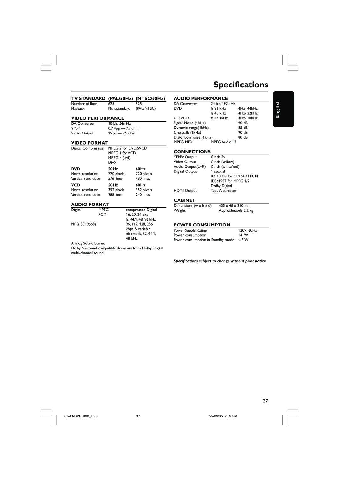 Philips DVP3500 user manual Specifications, Video Format 