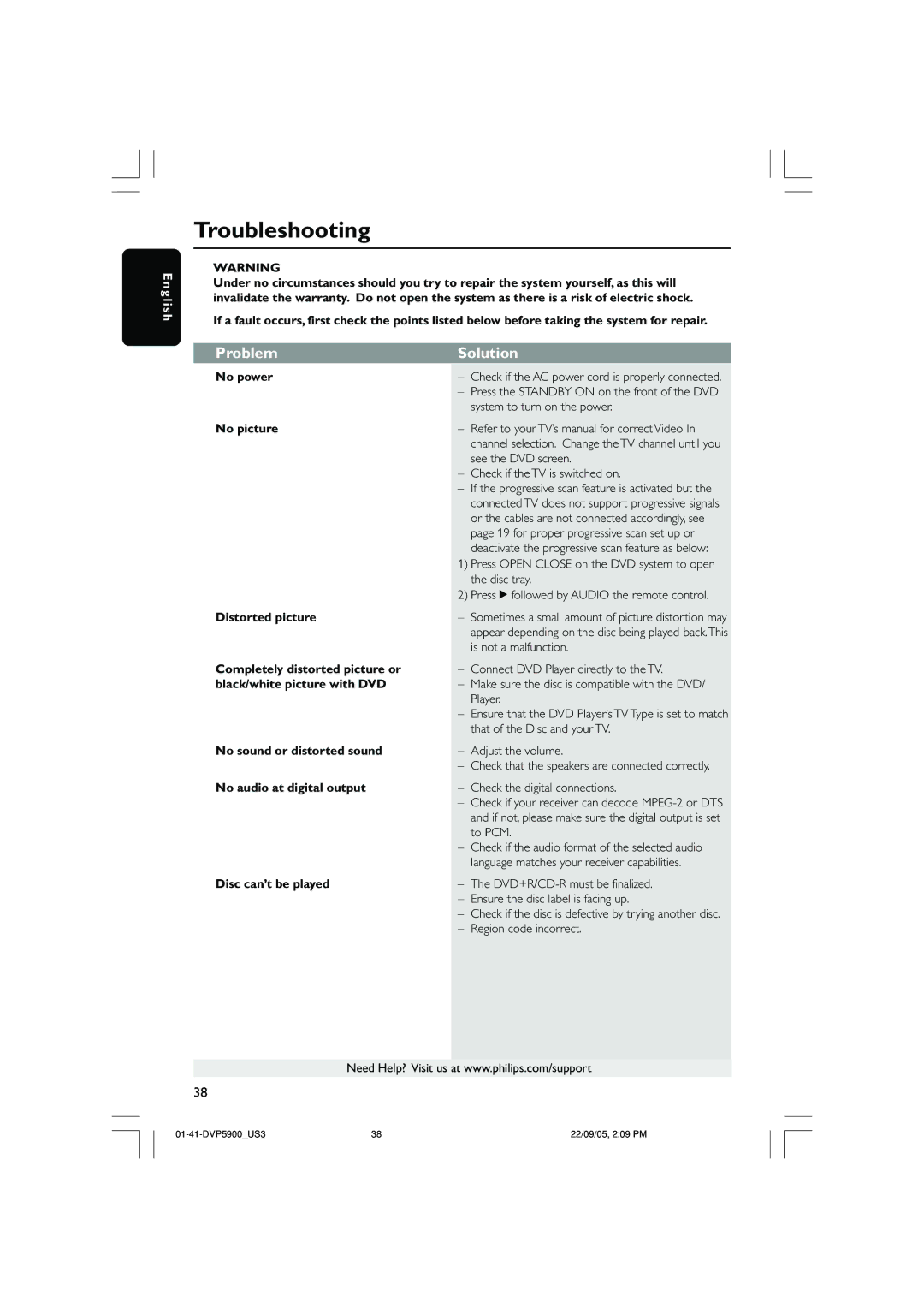 Philips DVP3500 user manual Troubleshooting, Problem Solution 