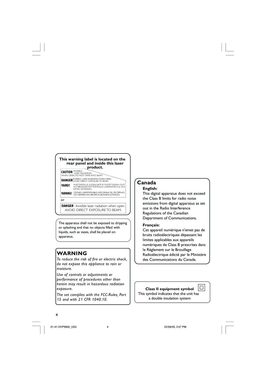 Philips DVP3500 user manual English, Français, Class II equipment symbol 