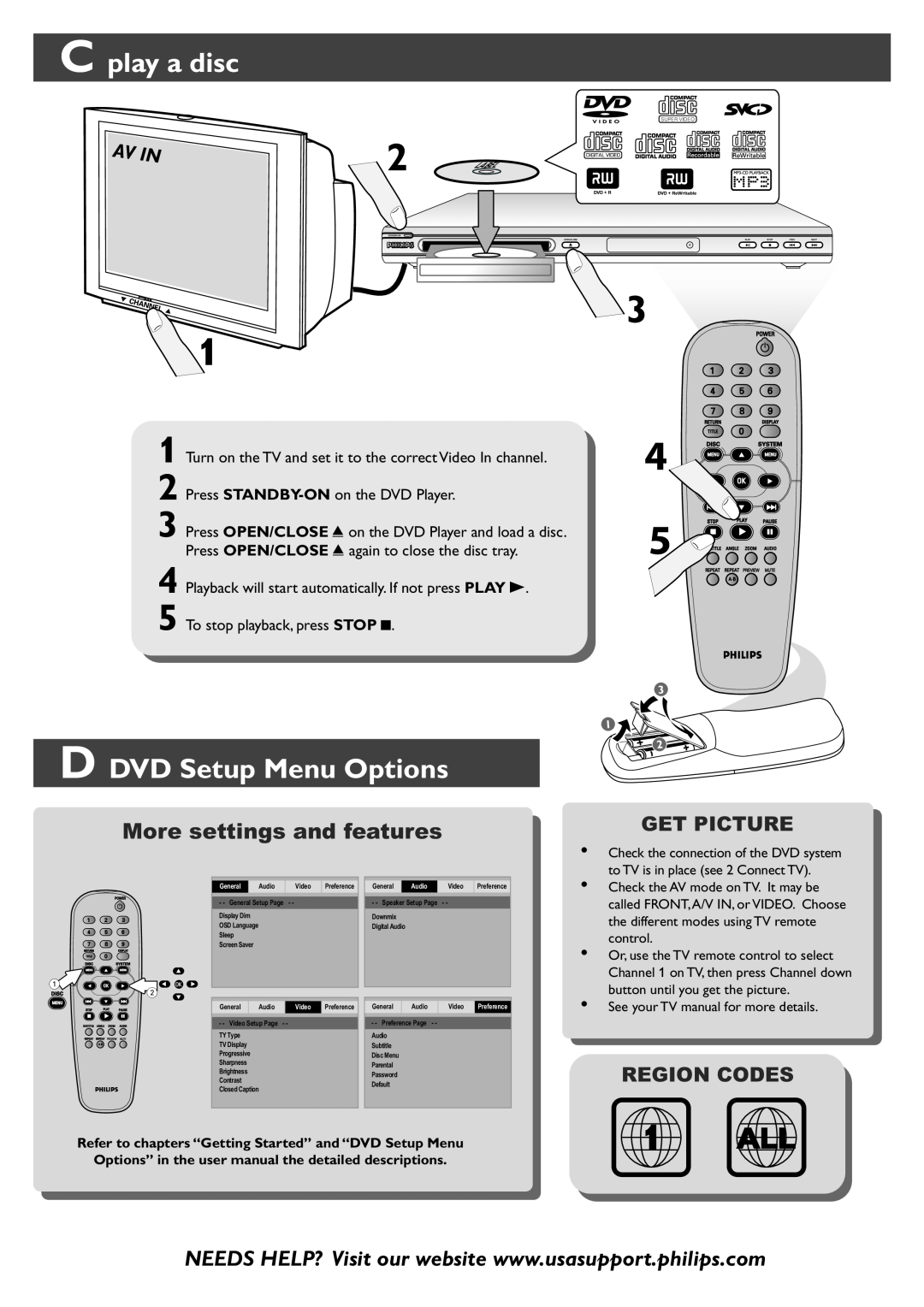 Philips DVP3500/37B C play a disc, D DVD Setup Menu Options, Turn on the TV and set it to the correct Video In channel 