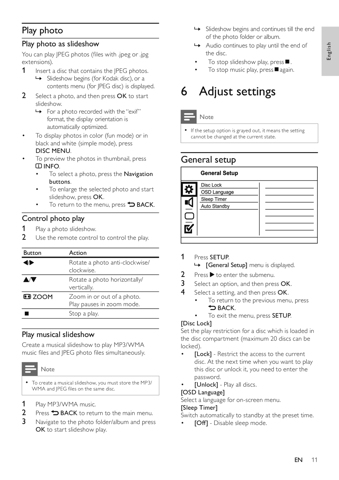 Philips DVP3510/94 user manual Adjust settings, Play photo, General setup 