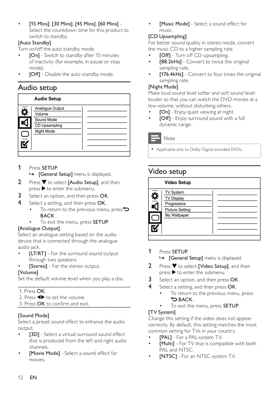 Philips DVP3510/94 user manual Audio setup, Video setup 