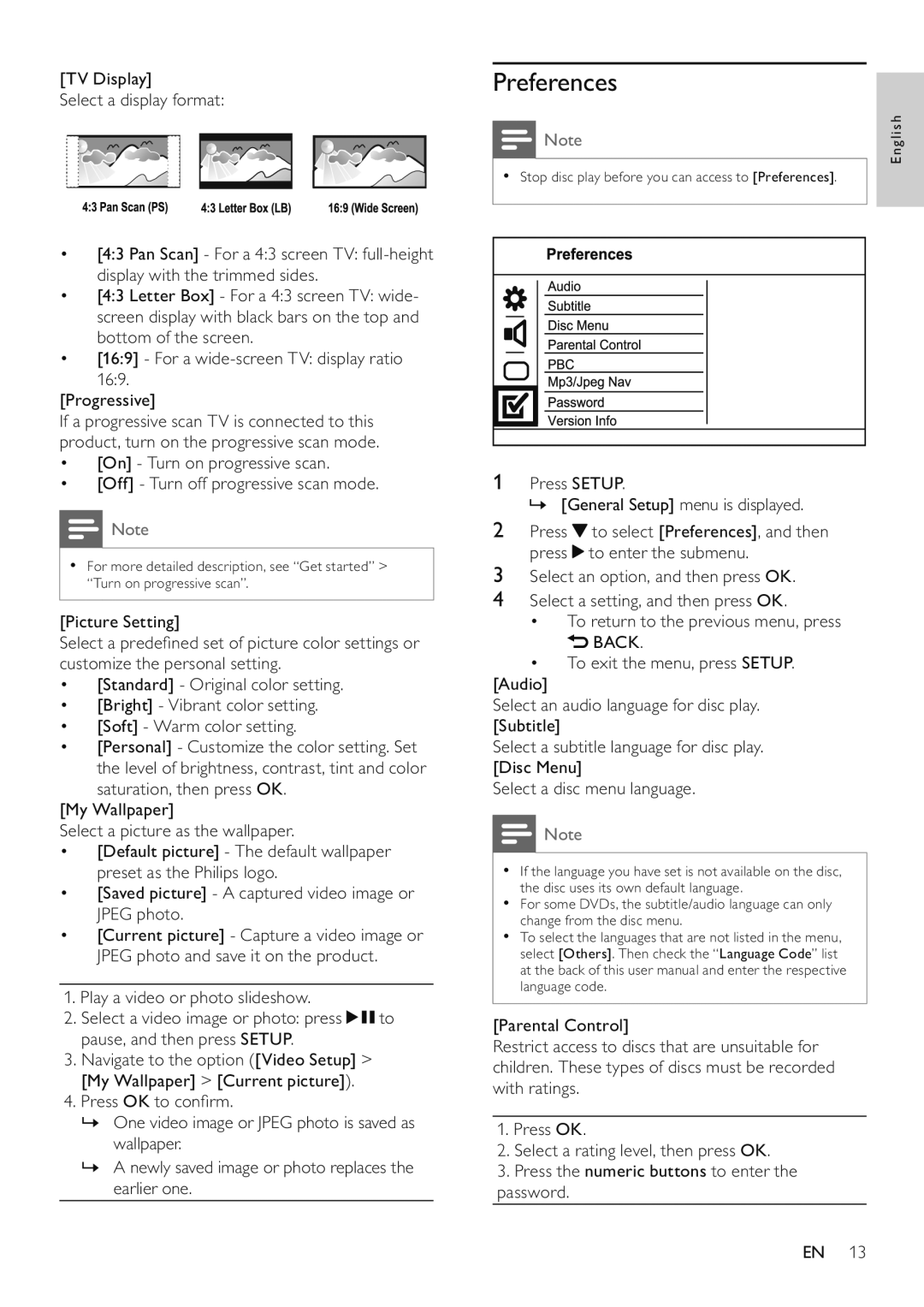 Philips DVP3510/94 user manual Preferences 