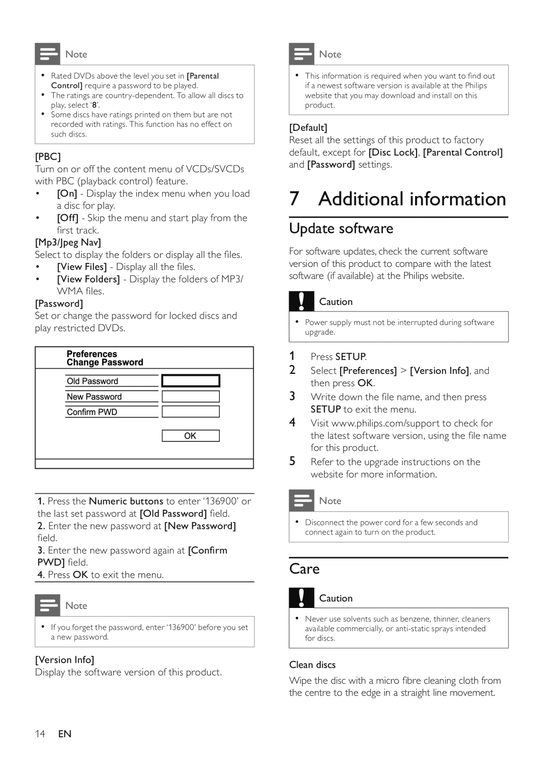 Philips DVP3510/94 user manual Additional information, Update software, Care 