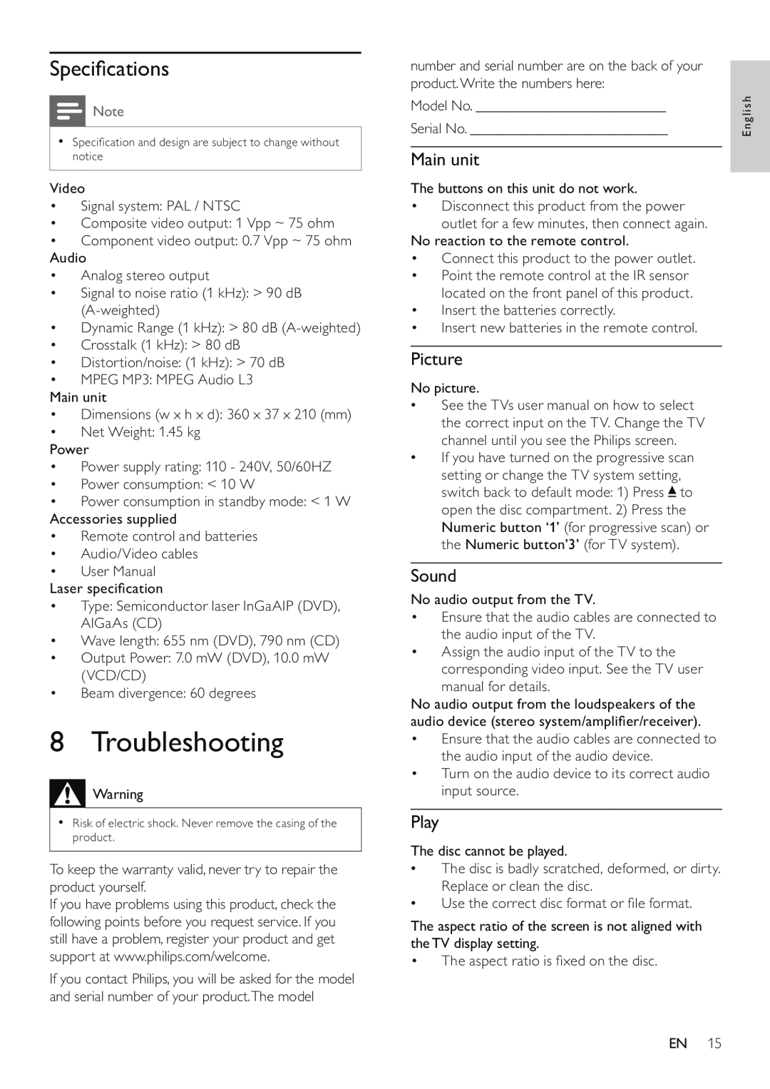 Philips DVP3510/94 user manual Troubleshooting, Speciﬁcations 