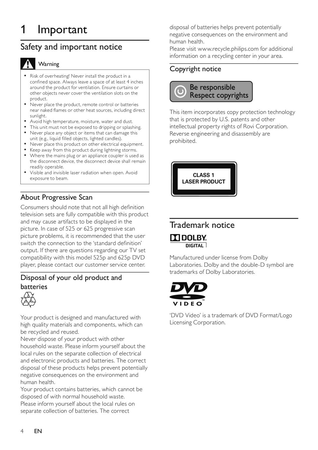 Philips DVP3510/94 user manual Safety and important notice, Trademark notice, About Progressive Scan, Copyright notice 