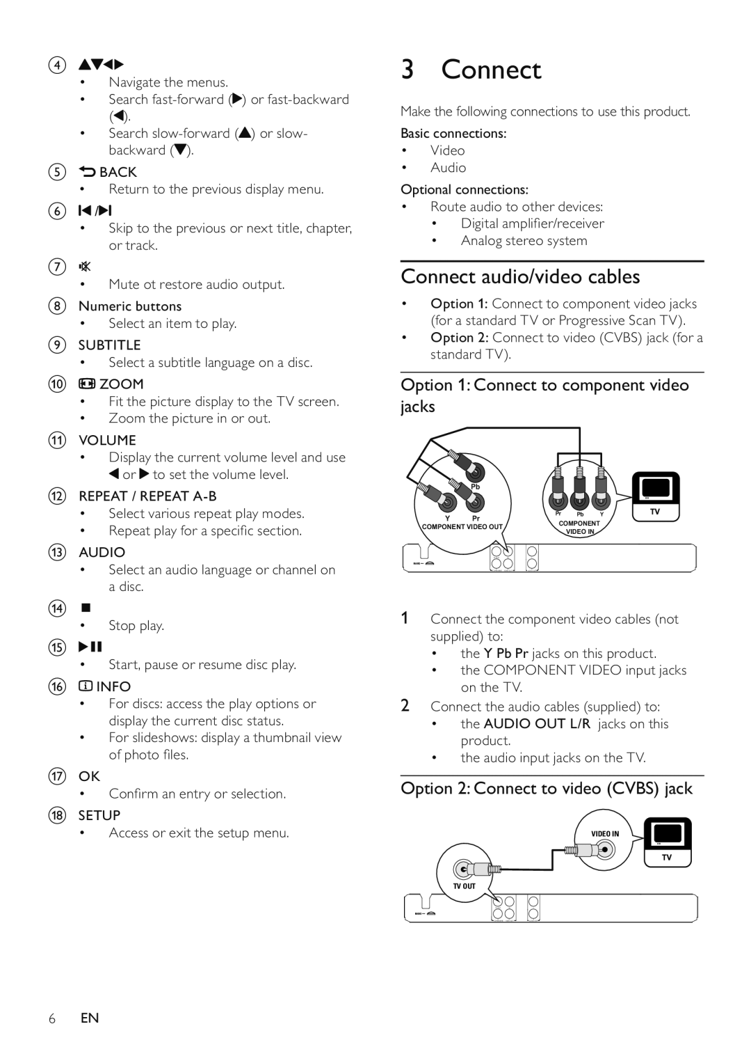 Philips DVP3510/94 user manual Connect audio/video cables, Option 1 Connect to component video jacks 