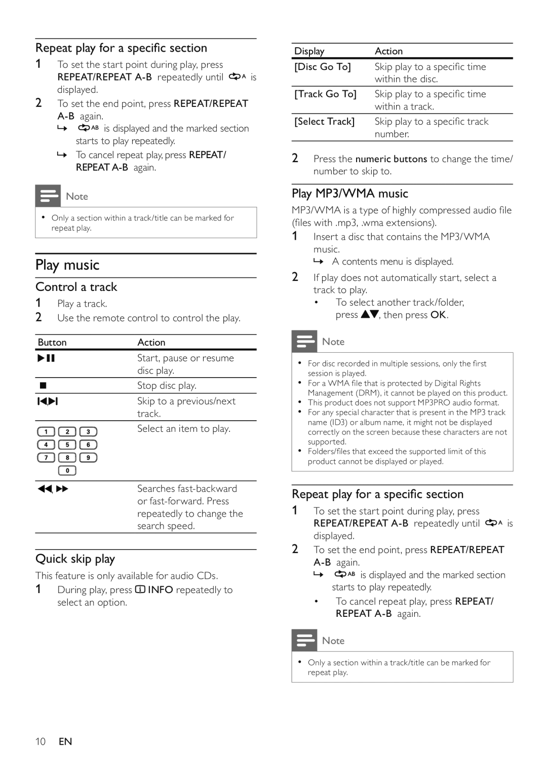 Philips DVP3510 Play music, Repeat play for a speciﬁc section, Control a track, Quick skip play, Play MP3/WMA music 
