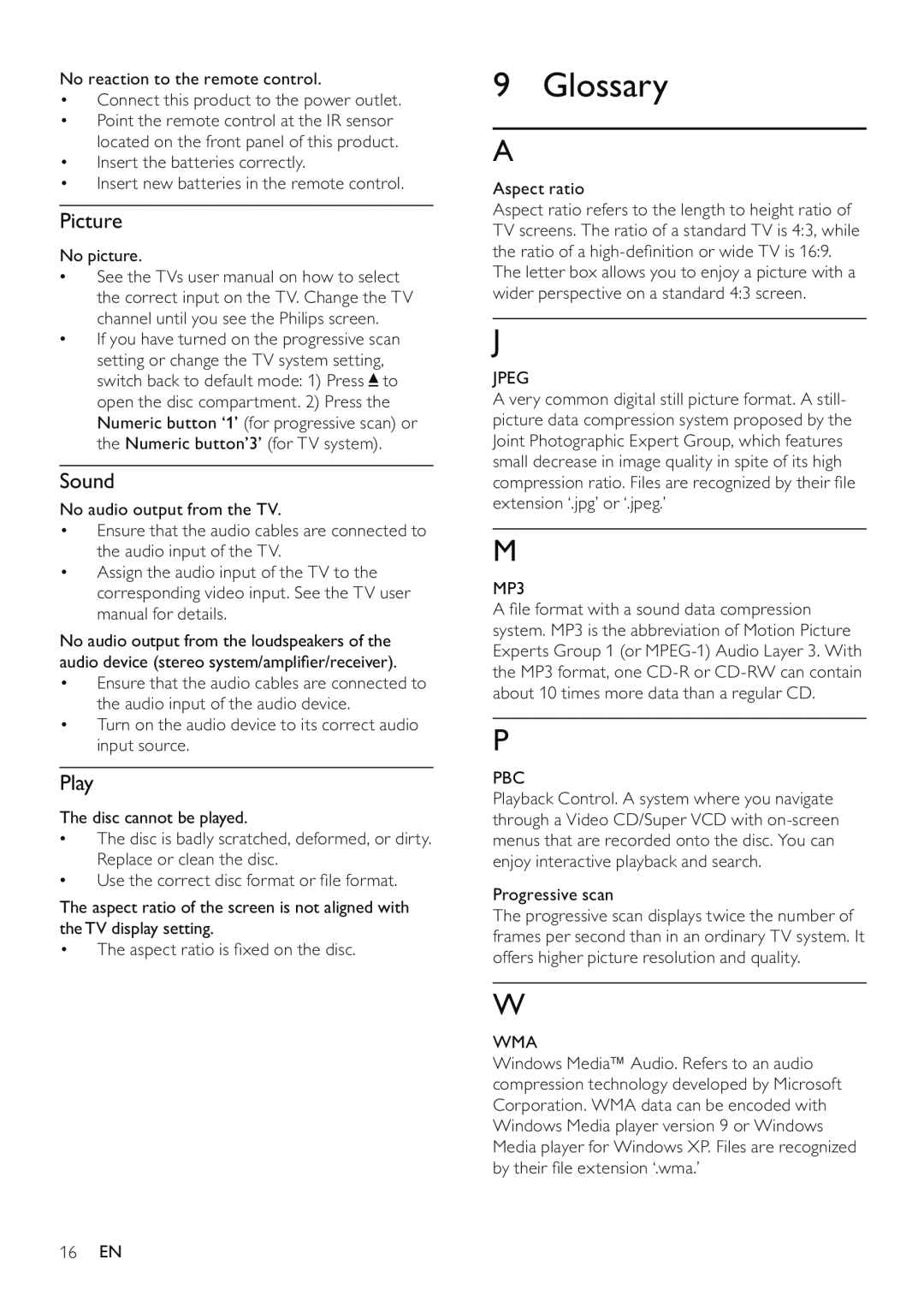 Philips DVP3516/94 user manual Glossary, Picture, Sound, Play 