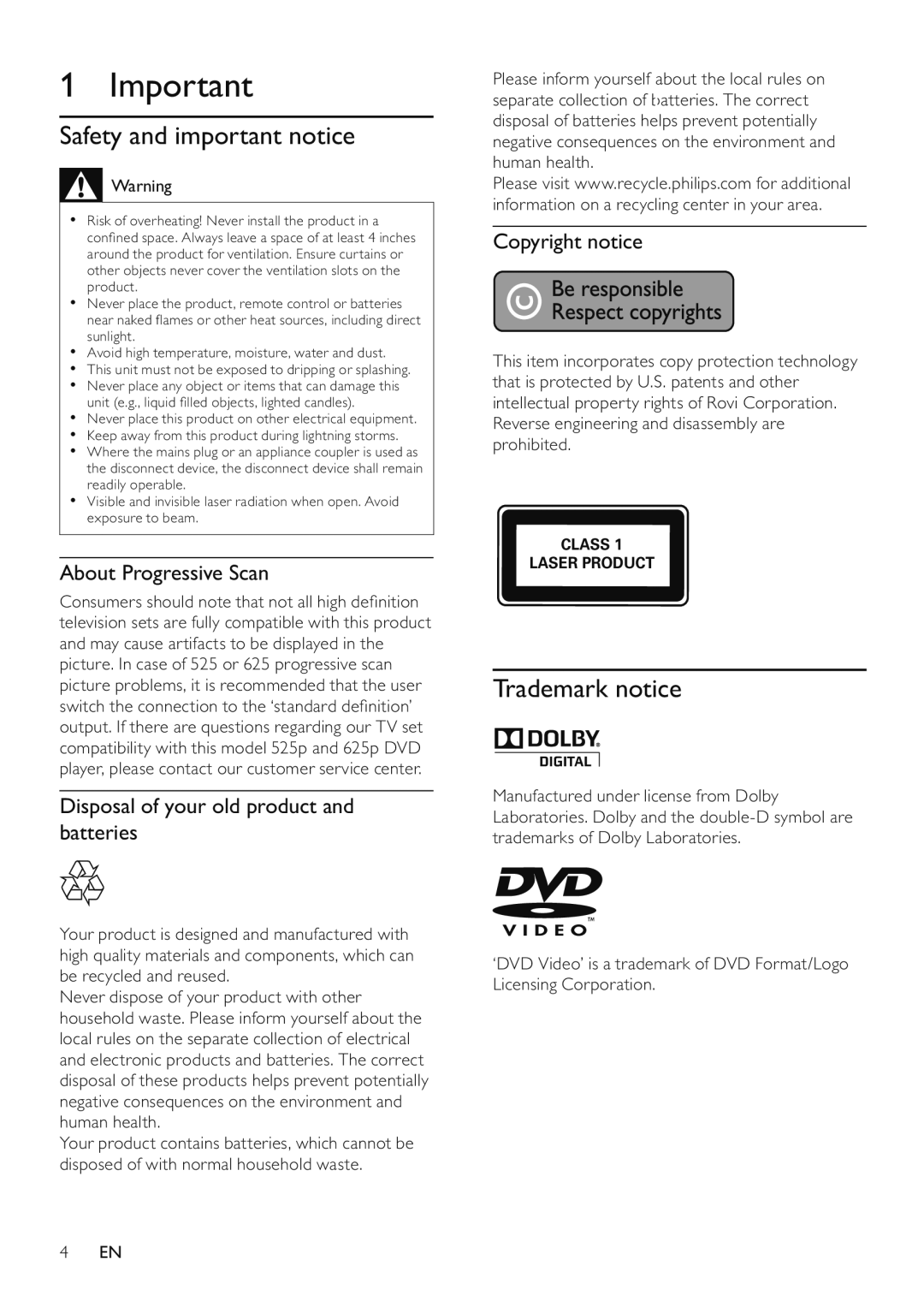 Philips DVP3516/94 user manual Safety and important notice, Trademark notice, About Progressive Scan, Copyright notice 