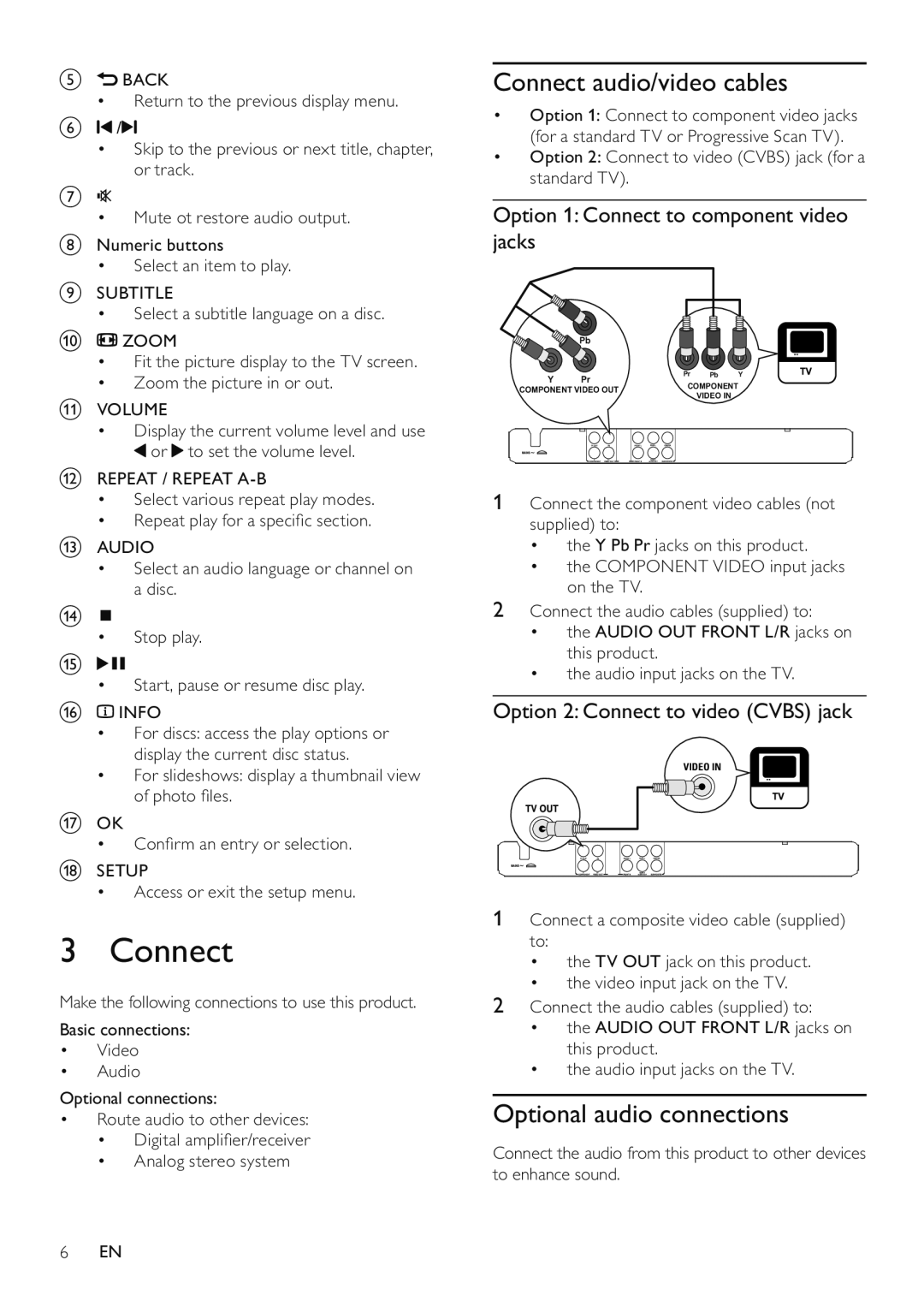 Philips DVP3516 Connect audio/video cables, Optional audio connections, Option 1 Connect to component video jacks 