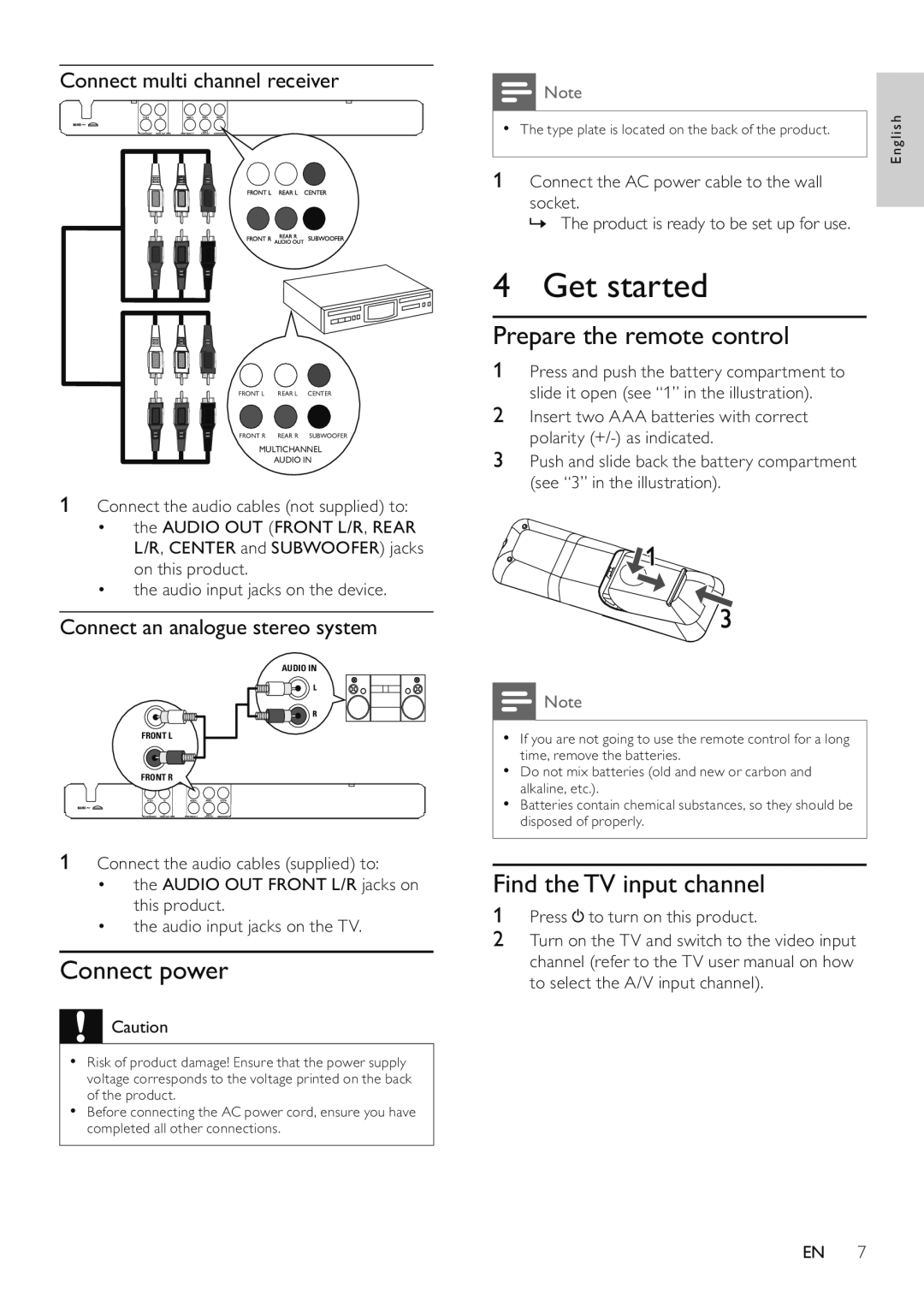 Philips DVP3516/94 user manual Get started, Connect power, Prepare the remote control, Find the TV input channel 