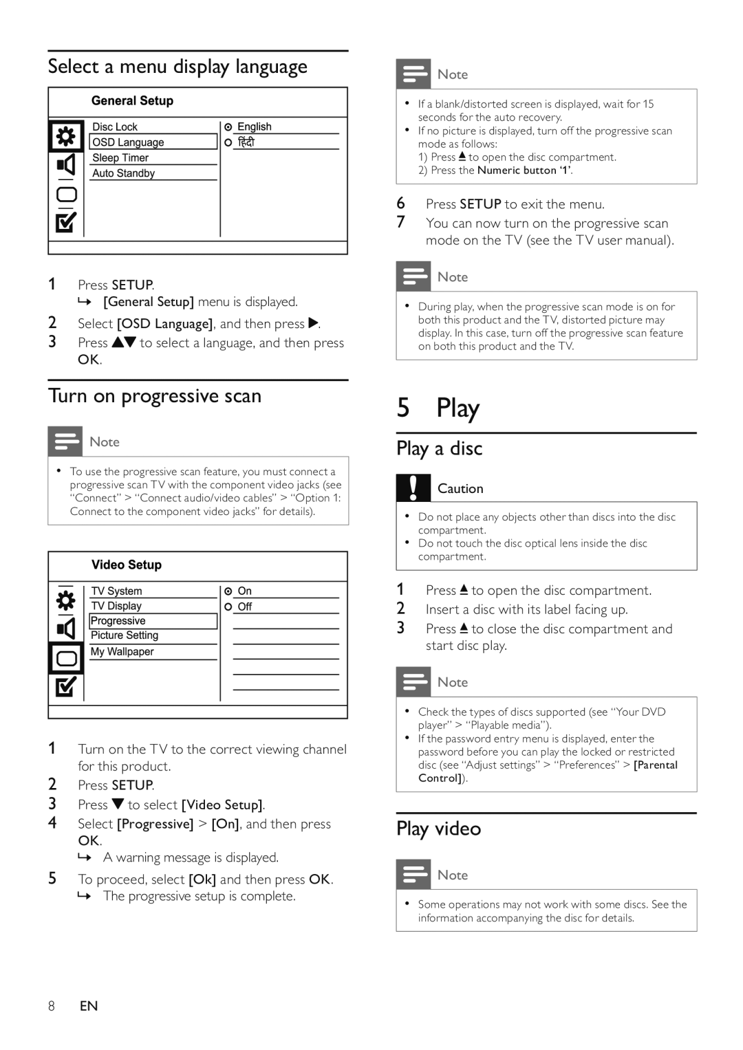 Philips DVP3516/94 user manual Select a menu display language, Turn on progressive scan, Play a disc, Play video 